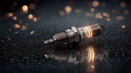 A detailed close-up of a spark plug resting on a reflective surface, featuring a glowing element and an elegant bokeh background, showcasing automotive technology.の素材