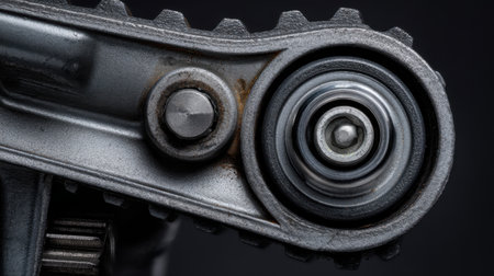 This macro photograph captures an intricate detail of an industrial machine component featuring a metal gear and bearing, highlighting craftsmanship and engineering.の素材