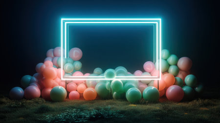 This captivating abstract image features a neon frame surrounded by colorful spheres on a dark background, perfect for modern art projects.の素材