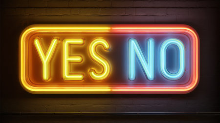 Colorful neon sign representing yes and no choices, ideal for illustrating decisions, responses, or communication themes in visual content.の素材