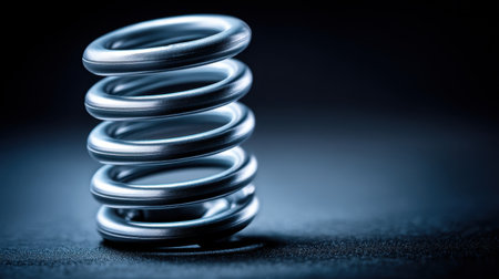 A close-up image of a metallic spring coil elegantly standing upright on a dark surface, showcasing its sleek design and smooth texture. The soft lighting emphasizes the contours and detail of the spring, making it a perfect visual for industrial or engineering themes.の素材