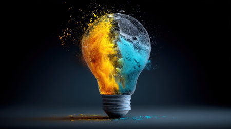 A stunning light bulb bursts with vibrant yellow and blue powder, creating a dramatic visual effect that symbolizes creativity and innovation.の素材