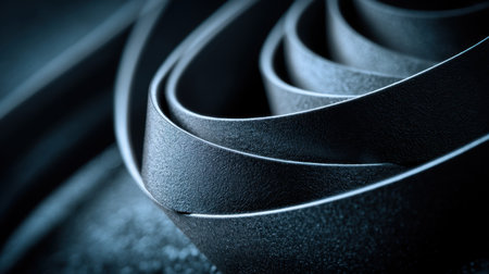 An artistic close-up of soft black rubber captured in intricate coils and curves, showcasing its texture and form.の素材