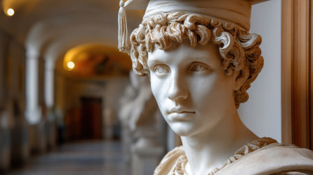 This exquisite marble bust of a young man in academic attire captures timeless elegance, reflecting classical artistry within an artistic museum corridor.の素材