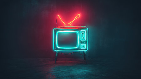 A vibrant retro television piece illuminated with neon lights in red and blue, creating a unique and artistic ambiance perfect for modern decor.の素材
