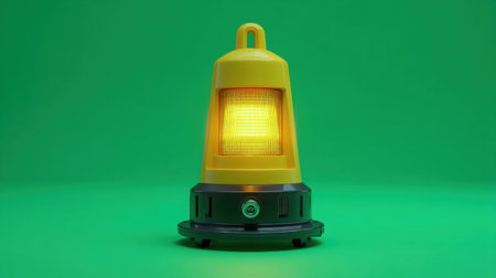 This image features a bright yellow caution light with a warm glow on a vibrant green background, ideal for themes of safety, alertness, and modern design.の素材