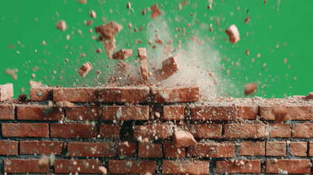 A dynamic image capturing the explosive destruction of a red brick wall, showcasing flying debris and dust against a vivid green background.の素材