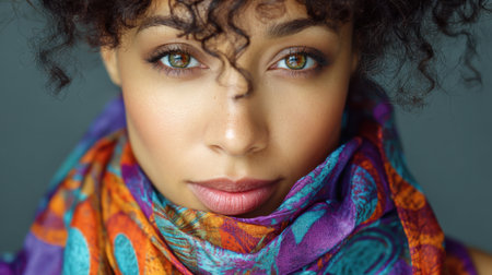 A striking portrait of a woman with curly hair, draped in a colorful scarf, capturing her unique beauty and expressive eyes in soft, inviting light.の素材