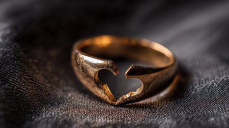 A broken gold ring featuring a distinct heart shape cutout lies elegantly on a dark fabric background, capturing themes of love, loss, and emotion.の素材