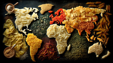 A stunning artistic representation of a world map crafted from various pasta shapes and spices, showcasing a celebration of global culinary diversity.の素材