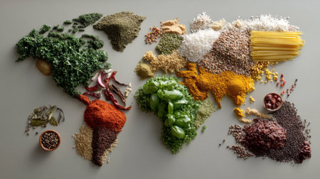 This stunning image features a colorful map of the world crafted from an array of spices, grains, and vegetables, highlighting culinary diversity.の素材