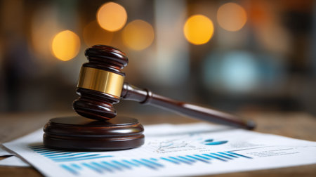 A wooden gavel rests on a document featuring financial charts and graphs, symbolizing the intersection of law, justice, and business analysis.の素材