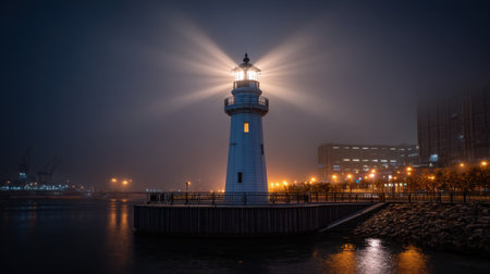 A stunning lighthouse stands tall amidst the fog at dusk, illuminating the riverbank and cityscape with its bright beams and warm lights.の素材