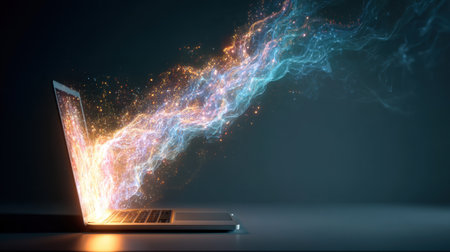 This captivating image showcases a laptop emanating vibrant energy and colorful sparks, creating a striking visual effect against a dark backdrop.の素材