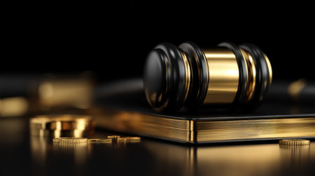 A stunning close-up image of an elegant gavel resting on a reflective surface, emphasizing themes of law and justice in a stylish courtroom atmosphere.の素材