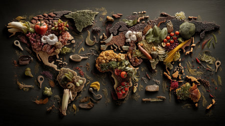 A stunning world map artfully created with an assortment of fresh fruits and vegetables, highlighting the global richness of natural ingredients and promoting healthy eating in a visually captivating way.の素材