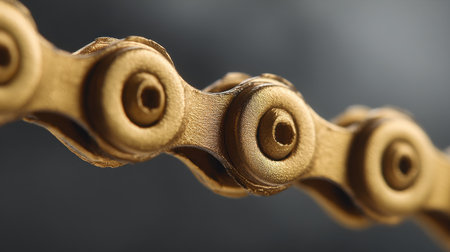 This close-up image captures a gold bicycle chain link with intricate details on a dark background, emphasizing quality craftsmanship and design.の素材
