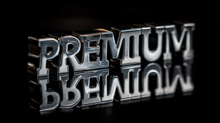 This captivating stock photo features reflective metal letters spelling out "Premium" against a dark backdrop, perfect for branding and marketing materials.の素材