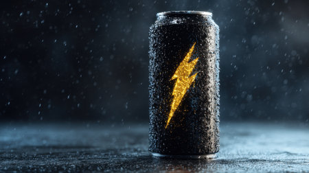 A striking energy drink can featuring a bold lightning bolt design, glistening with raindrops against a dark background, evoking freshness and excitement.の素材
