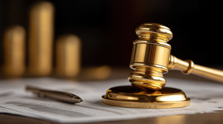 A golden gavel rests on paperwork with a pen nearby, set against a backdrop of bar graphs, symbolizing legal decision-making and justice.の素材