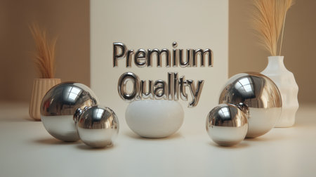Captivating arrangement featuring reflective spheres and elegant vases in a minimalist setting, showcasing premium quality and aesthetic beauty.の素材