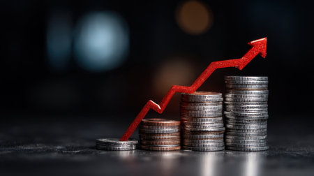 A dynamic image showcasing the concept of financial growth, featuring stacked coins with a red arrow symbolizing rising profits and investment success.の素材