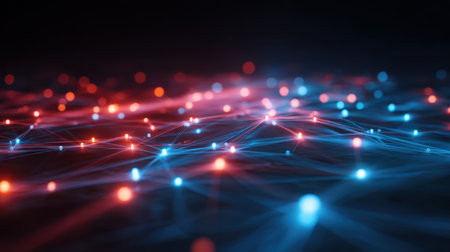 Vibrant abstract image showcasing glowing lines and dots against a dark backdrop, representing digital connectivity and innovation in technology.の素材