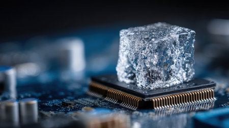 A close-up view of a clear ice cube placed on a computer chip, showcasing the relationship between cooling technology and modern electronics.の素材