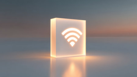 This image features a modern illuminated wireless icon in a tranquil environment, representing technology and connectivity. The gentle glow creates an inviting atmosphere.の素材