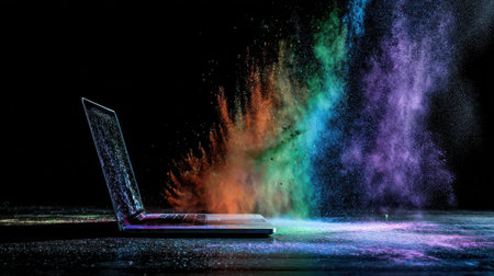 An open laptop releases a stunning burst of vibrant colors against a dark background, symbolizing creativity and innovation in digital art.の素材