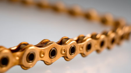 A close-up view of a shiny gold bicycle chain showcasing the intricate design and smooth surface ideal for industrial and mechanical themes.の素材