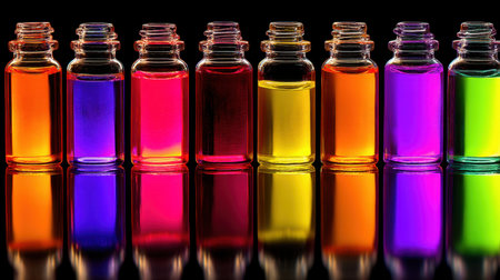 A striking arrangement of colorful glass bottles filled with vibrant liquids, showcasing reflections against a dark background, perfect for artistic projects.の素材