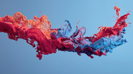 A stunning image featuring vibrant splashes of red, orange, and blue paint creating dynamic waves against a soft blue background, perfect for artistic projects.の素材