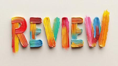 A vibrant arrangement of wooden letters painted in bright colors forming the word "REVIEW," perfect for artistic design or creative projects.の素材