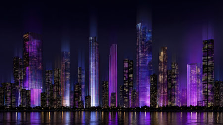 Capture the beauty of a modern cityscape at night, featuring colorful purple lights illuminating skyscrapers reflected in tranquil water.の素材