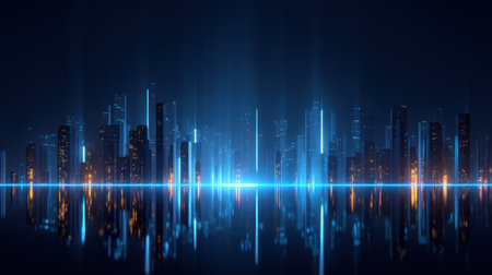 Stunning night view of a futuristic city skyline with glowing lights reflecting on a serene water surface, creating a vibrant ambiance.の素材