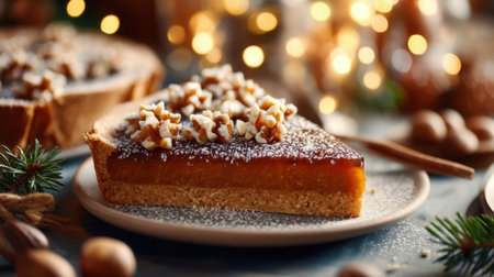 A mouthwatering slice of caramel pie adorned with crunchy nuts, set against a warm, festive backdrop. Perfect for holiday gatherings and dessert inspiration.の素材