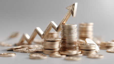 A close-up view of stacked golden coins with an upward-pointing arrow representing financial growth and investment opportunities in the economy.の素材