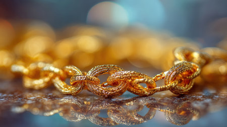 A stunning close-up view of an elegant gold chain showcasing intricate links and vibrant shine, resting on a rustic textured surface.の素材