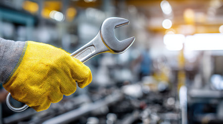 A worker in a yellow glove holds a wrench, ready for tasks in an industrial workshop filled with tools and equipment, emphasizing repair and maintenance.の素材