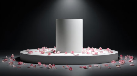 A modern display stand surrounded by soft pink flower petals creates a serene and elegant atmosphere suitable for showcasing products or art.の素材