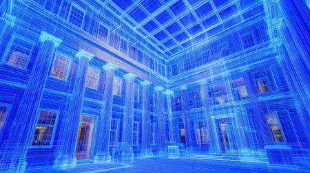 This stunning image showcases a historic courtyard rendered as a blue wireframe, merging classic architecture with futuristic digital elements.の素材