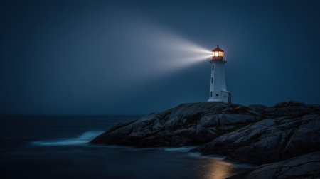 A solitary lighthouse stands tall against a dark ocean backdrop, casting a warm light through the fog. The scene evokes calmness and mystery, perfect for soothing visuals or maritime themes.の素材