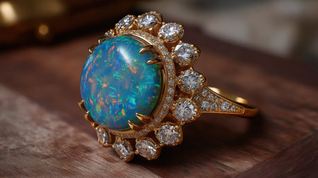This exquisite gold ring features a large opal centerpiece that displays vibrant colors, surrounded by sparkling diamonds, perfect for jewelry lovers.の素材