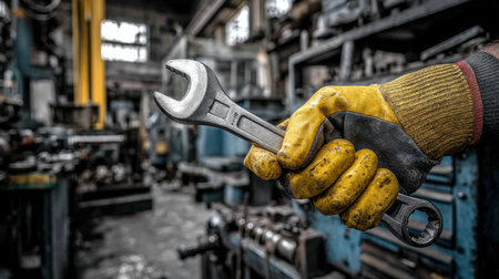 A detailed close-up of a worker's hand gripping a wrench, showcasing industrial tools and machinery in a busy workshop environment.の素材