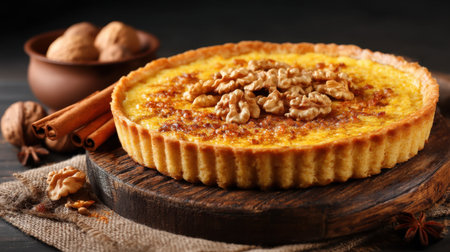 A tempting walnut tart with a rich caramel topping, beautifully displayed on a wooden board, surrounded by warm spices and nuts, perfect for any occasion.の素材
