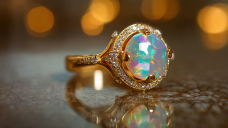This exquisite gold ring features a vibrant opal stone at its center, surrounded by brilliant diamonds, creating a luxurious and elegant piece perfect for any occasion.の素材