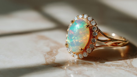 A beautiful opal ring featuring a gold band and surrounded by sparkling diamonds, displayed on an elegant marble surface. Ideal for luxury jewelry collections.の素材