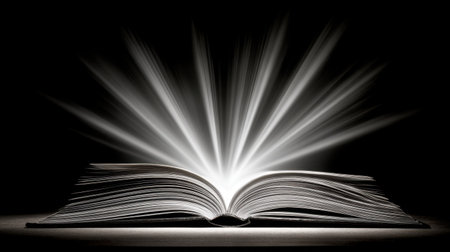 An artistic representation of an open book with radiant light rays emerging from its pages, creating a captivating and magical atmosphere.の素材
