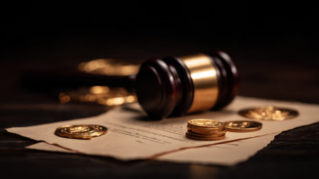 A gavel rests on a faded document, accompanied by gold coins, representing themes of justice, law, and financial matters in a somber atmosphere.の素材